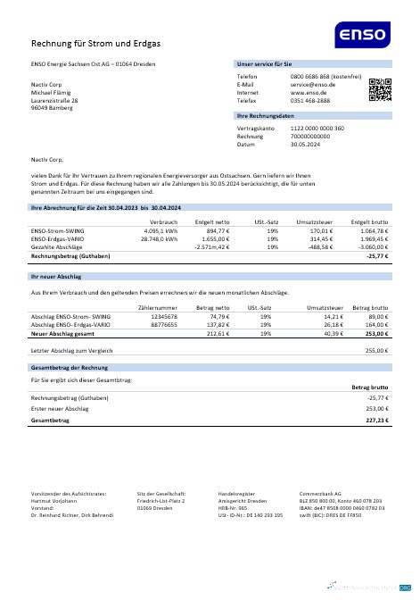 Germany ENSO rechnung für strom und erdgas business utility bill template in Word and PDF formats1